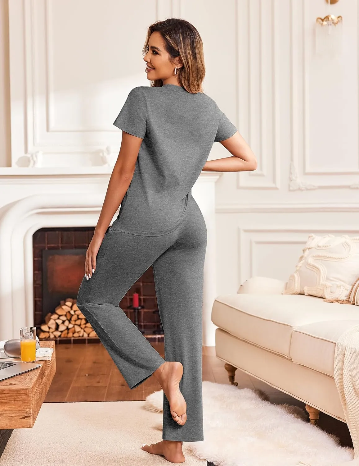 Ekouaer Cotton Pajamas Short Sleeve T-Shirt Top and Long Pants Pj Sets Sleepwear Loungewear for Women