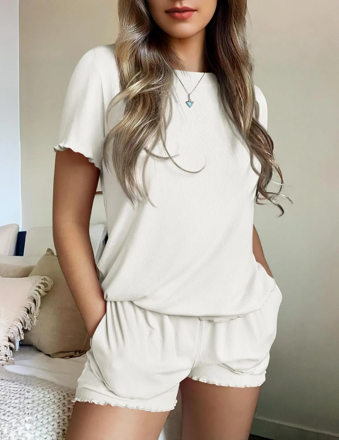 Ekouaer Womens Pajamas 2 Piece Ribbed Knit Pjs Short Sleeve Sleepwear Set Summer Soft Pajamas Set Casual Lounge Sets