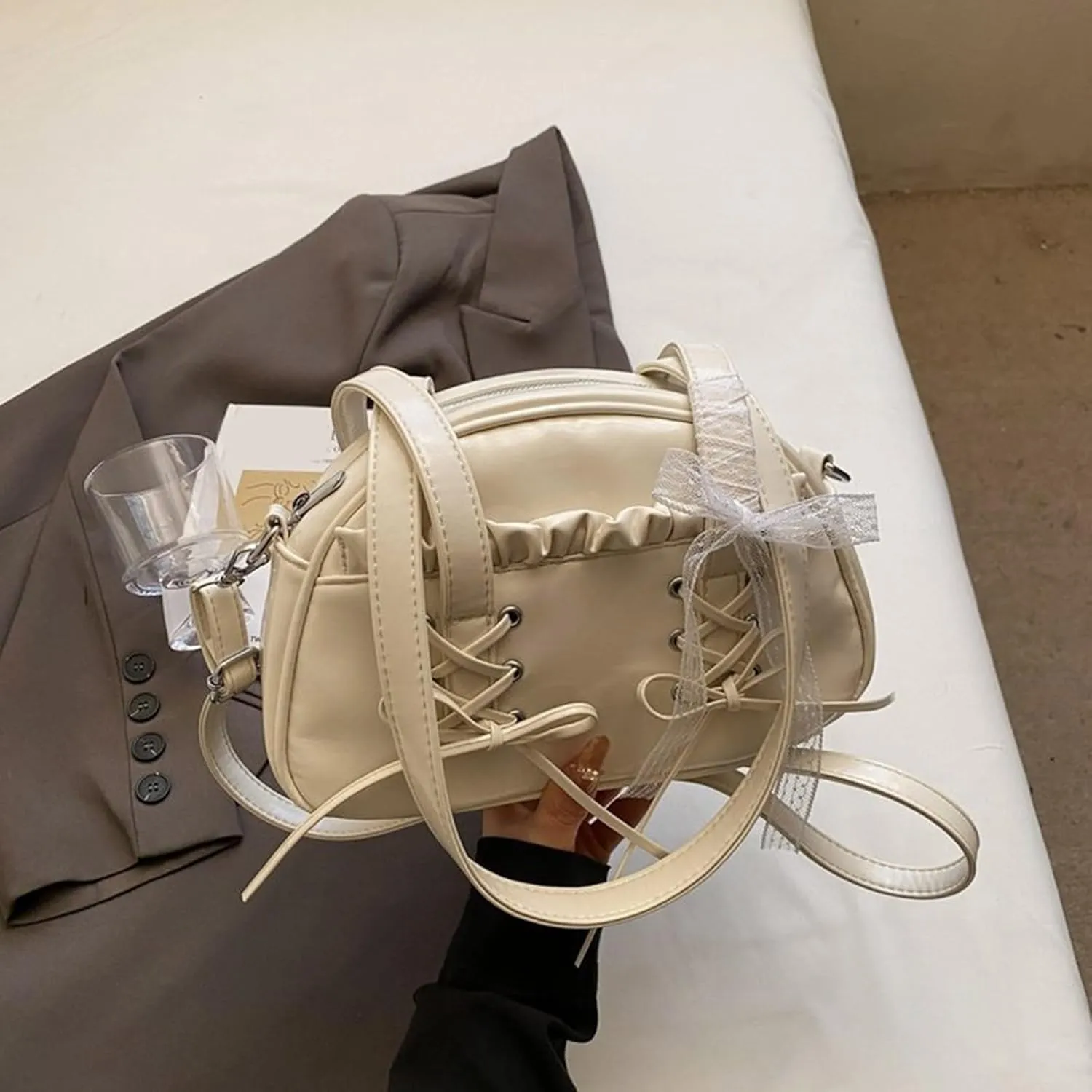 Elegant Ballet Styles Lace Trim Bowknot Shoulder Bag For Women With Spacious Pillow Shape Design Crossbody Bags