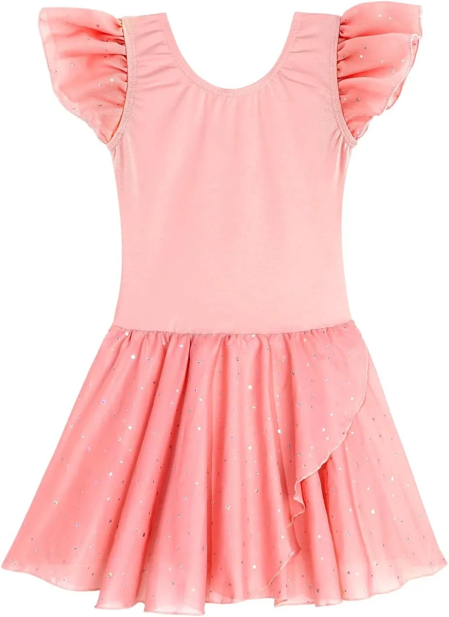 EQSJIU Girls Ruffle Sleeve Ballet Dance Dress Tutu Skirted Leotard Ballet Outfits Dance Leotard for Girls 1-10 Years