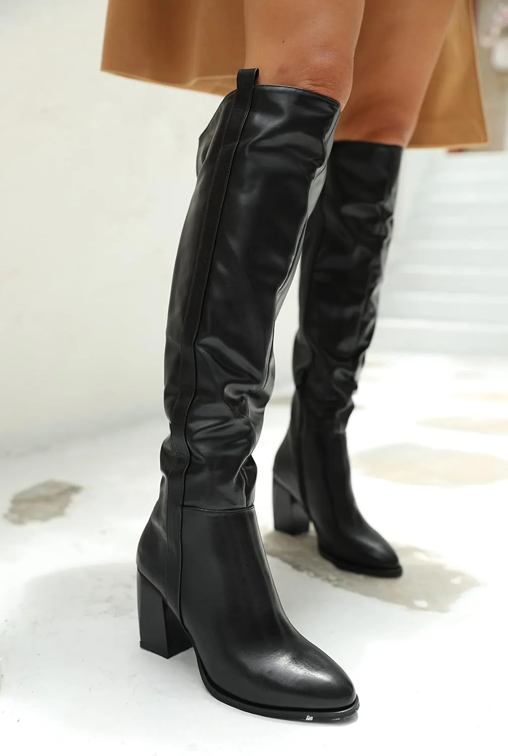 Ermonn Womens Faux Suede Knee High Side Zipper Chunky Heel Stretch Winter Boots
