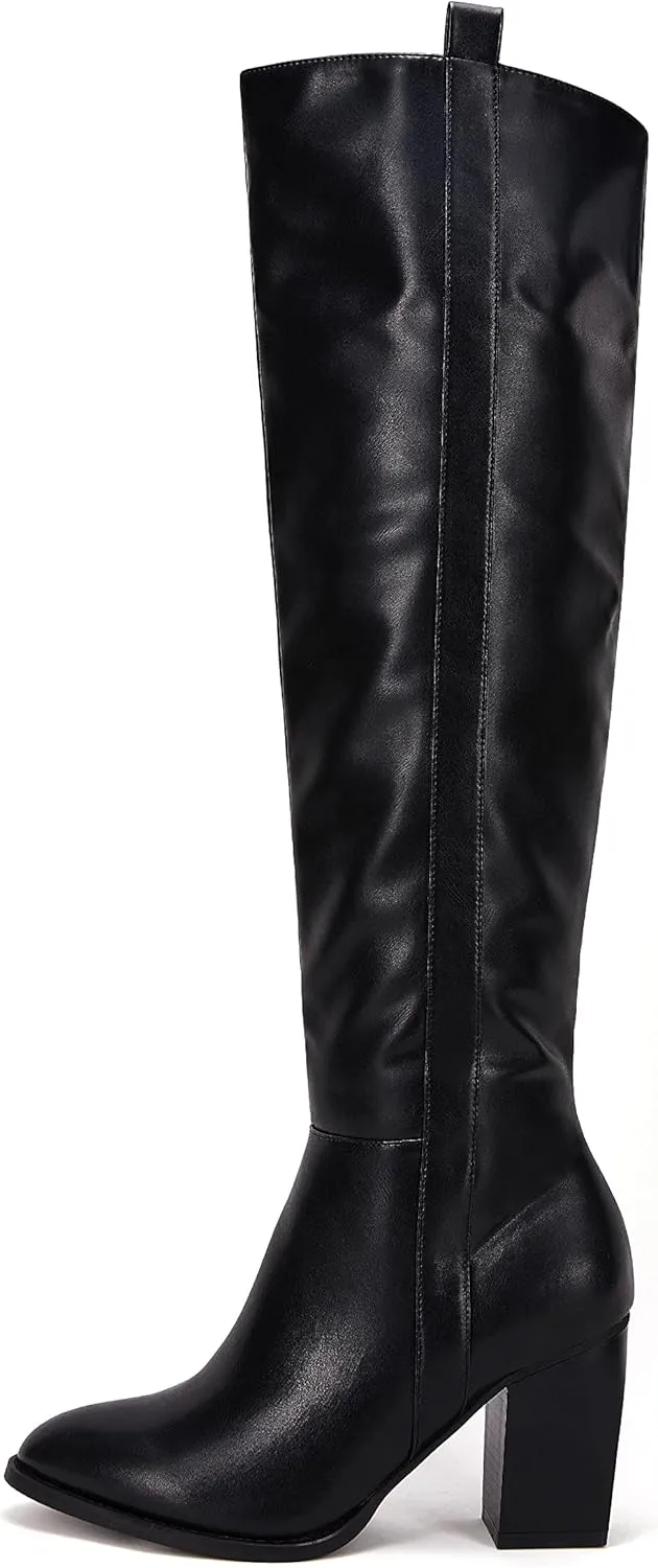 Ermonn Womens Faux Suede Knee High Side Zipper Chunky Heel Stretch Winter Boots