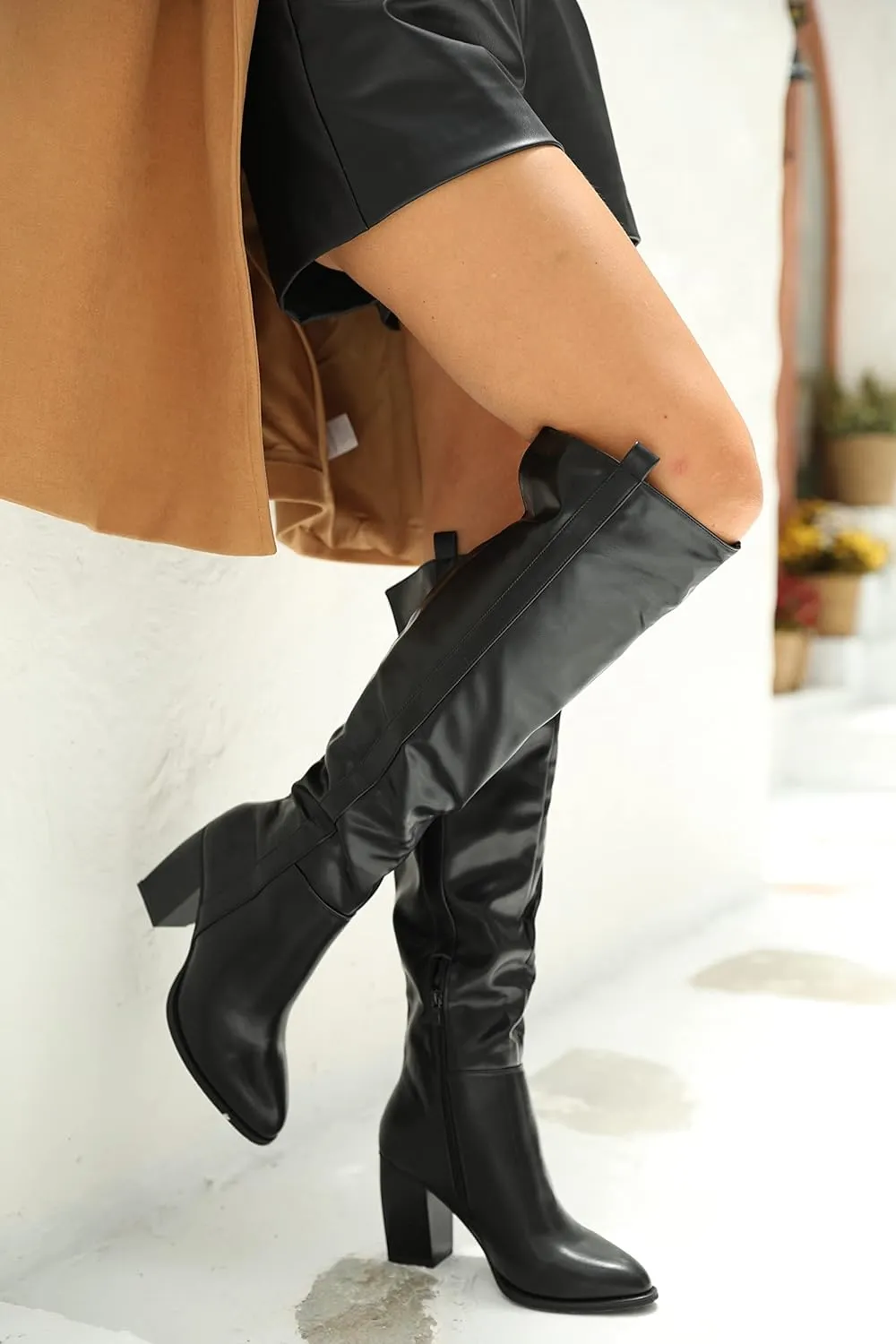 Ermonn Womens Faux Suede Knee High Side Zipper Chunky Heel Stretch Winter Boots