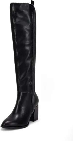 Ermonn Womens Faux Suede Knee High Side Zipper Chunky Heel Stretch Winter Boots