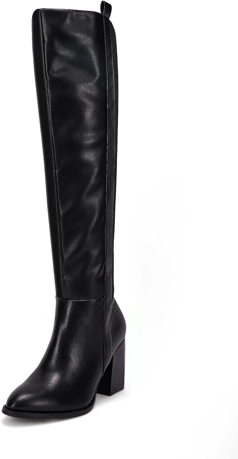 Ermonn Womens Faux Suede Knee High Side Zipper Chunky Heel Stretch Winter Boots