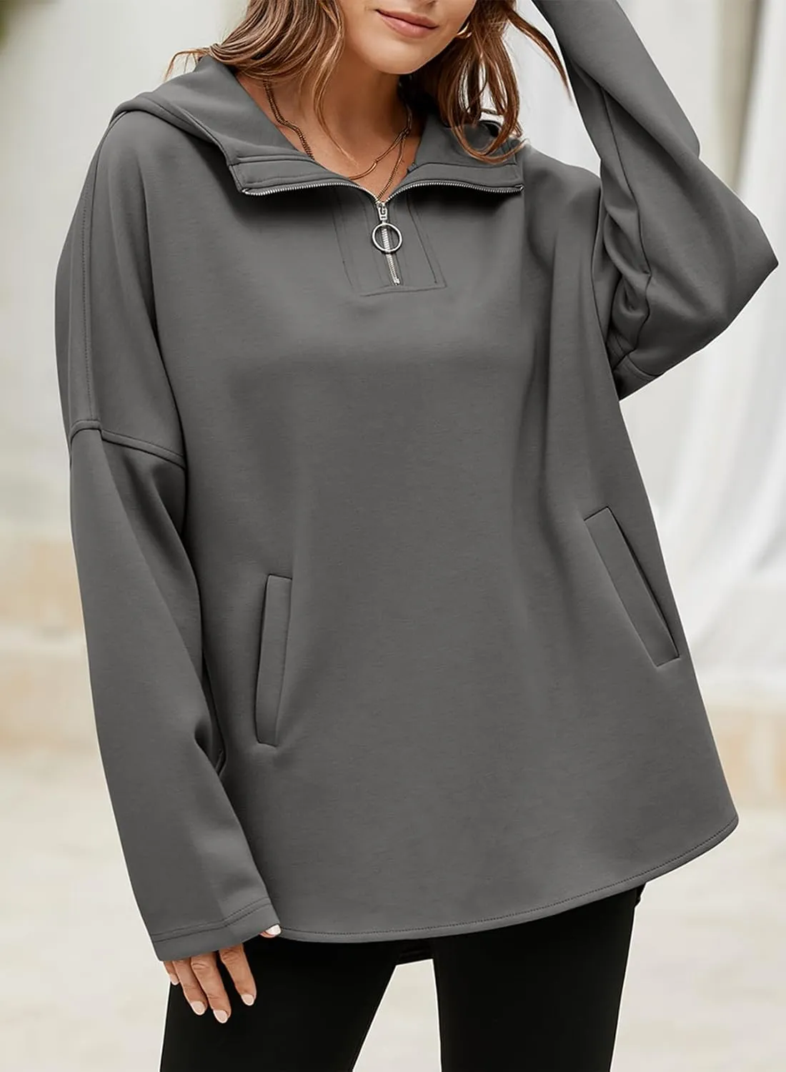 EVALESS Women's Oversized Hoodies Casual Long Sleeve Half Zipper Pocket Sweatshirt Pullover Tops
