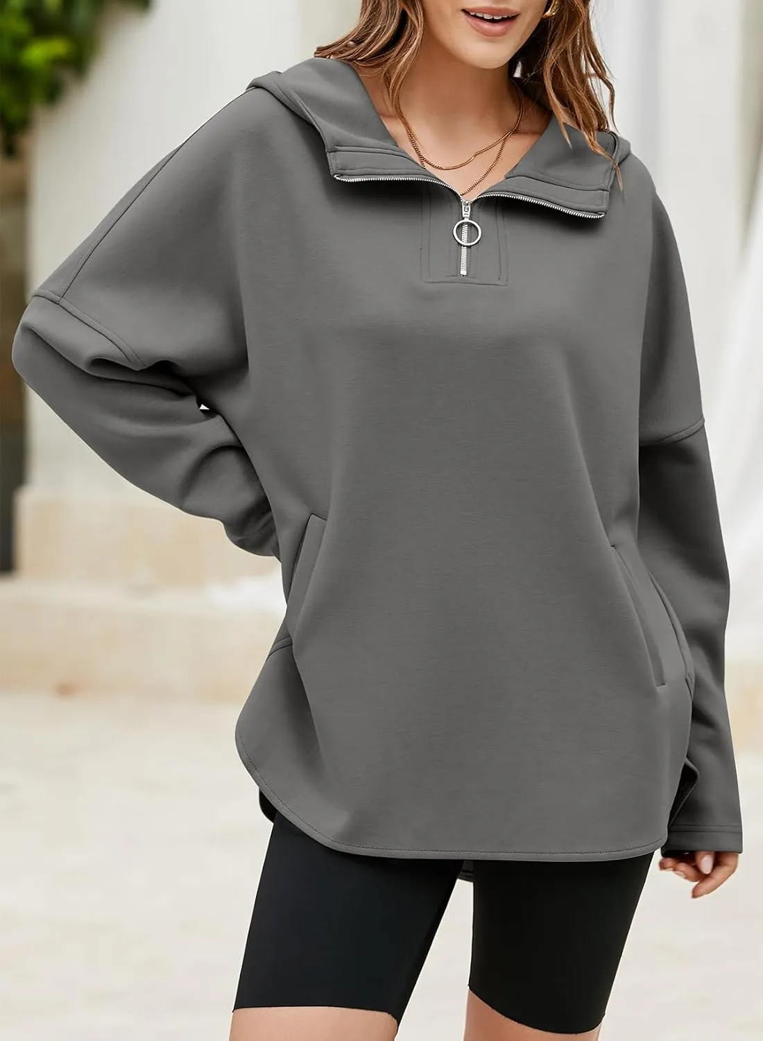 EVALESS Women's Oversized Hoodies Casual Long Sleeve Half Zipper Pocket Sweatshirt Pullover Tops