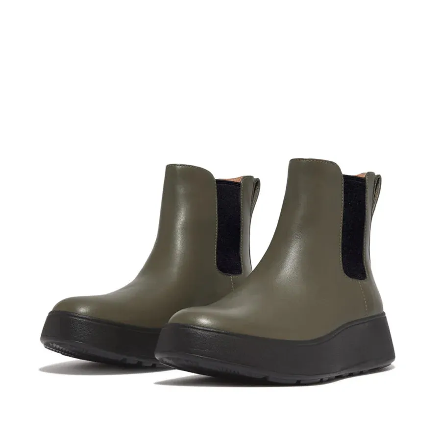 F-Mode Leather Flatform Chelsea Boots in Olive