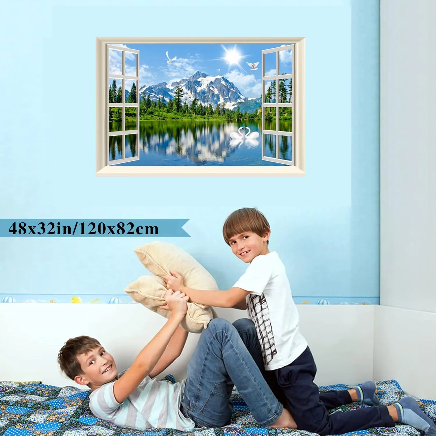 Fake Window Wall Sticker Decal Summer Mountains Lake Forest Faux Window Mural Poster Landscape Wall Art Decor, Stick and Peel Natural Scenery Scene（48"x32",Set of 2 Sheets）