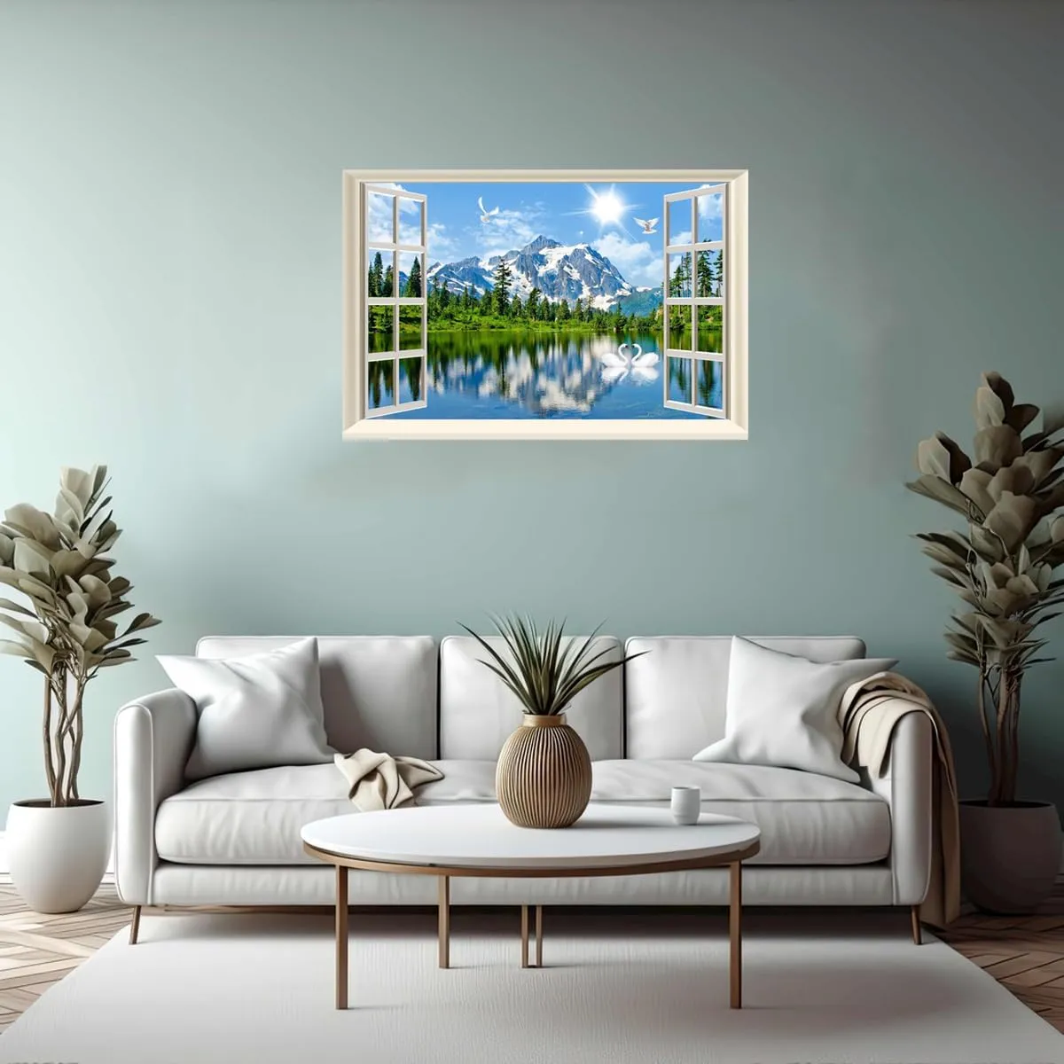 Fake Window Wall Sticker Decal Summer Mountains Lake Forest Faux Window Mural Poster Landscape Wall Art Decor, Stick and Peel Natural Scenery Scene（48"x32",Set of 2 Sheets）