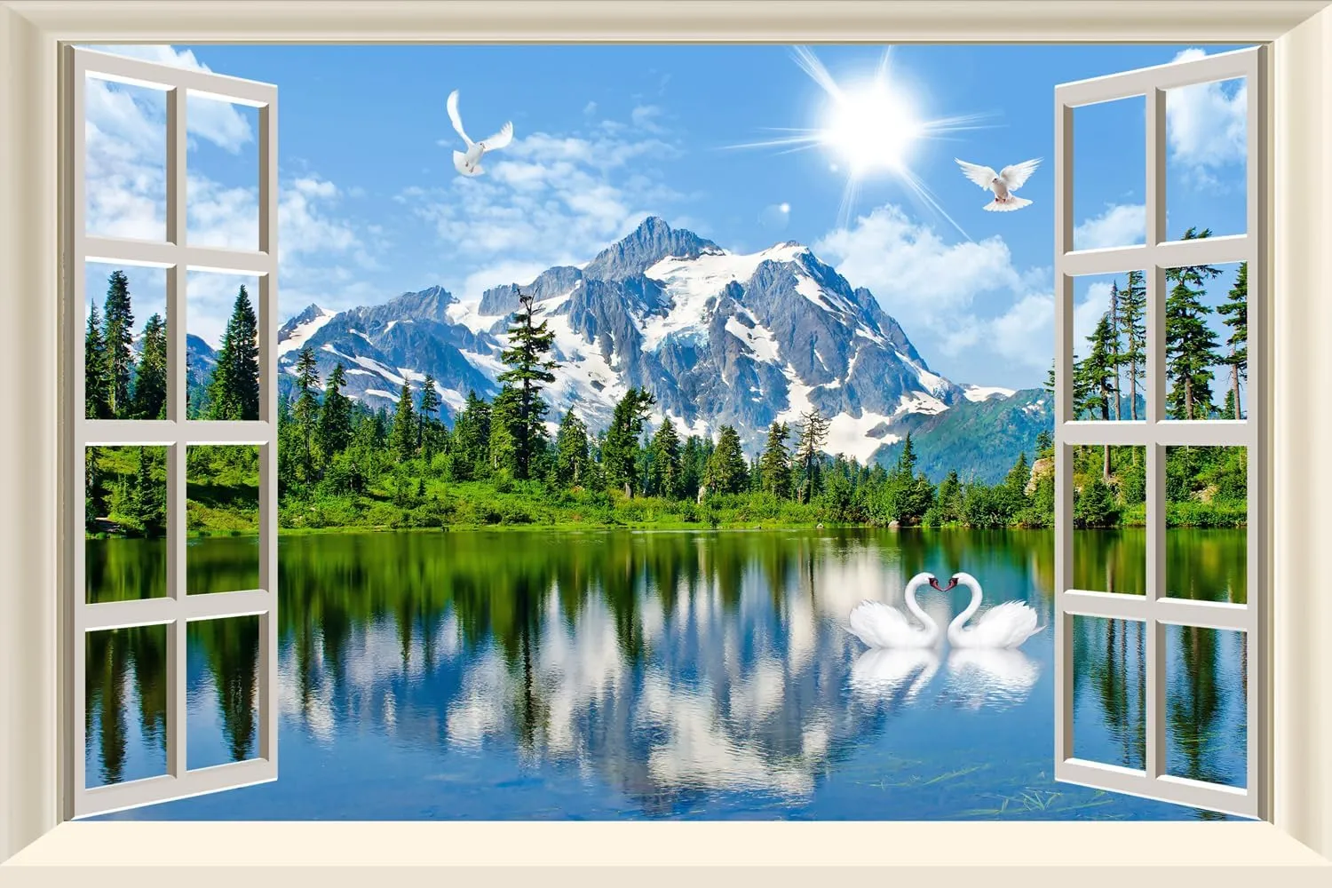 Fake Window Wall Sticker Decal Summer Mountains Lake Forest Faux Window Mural Poster Landscape Wall Art Decor, Stick and Peel Natural Scenery Scene（48"x32",Set of 2 Sheets）