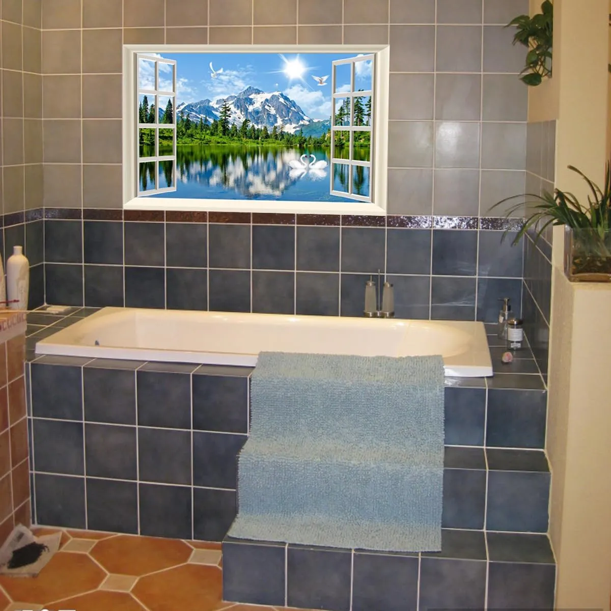 Fake Window Wall Sticker Decal Summer Mountains Lake Forest Faux Window Mural Poster Landscape Wall Art Decor, Stick and Peel Natural Scenery Scene（48"x32",Set of 2 Sheets）