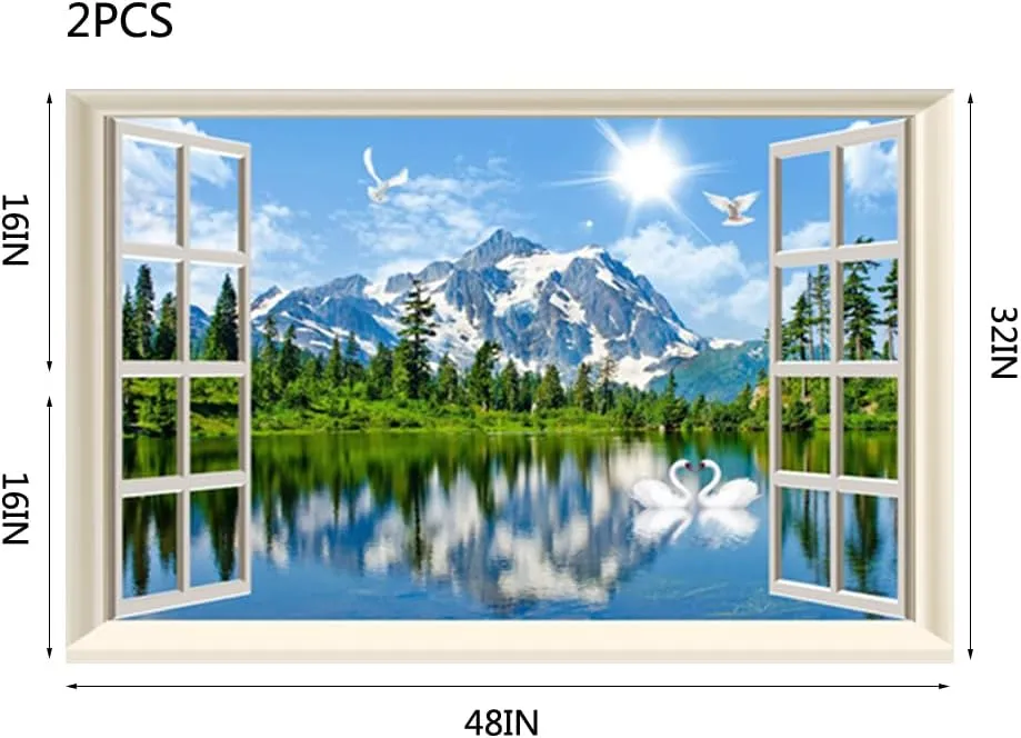Fake Window Wall Sticker Decal Summer Mountains Lake Forest Faux Window Mural Poster Landscape Wall Art Decor, Stick and Peel Natural Scenery Scene（48"x32",Set of 2 Sheets）