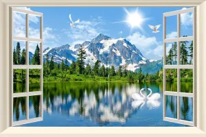 Fake Window Wall Sticker Decal Summer Mountains Lake Forest Faux Window Mural Poster Landscape Wall Art Decor, Stick and Peel Natural Scenery Scene（48"x32",Set of 2 Sheets）