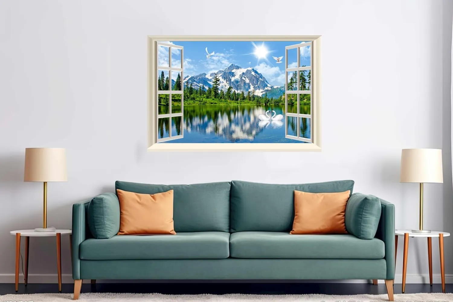 Fake Window Wall Sticker Decal Summer Mountains Lake Forest Faux Window Mural Poster Landscape Wall Art Decor, Stick and Peel Natural Scenery Scene（48"x32",Set of 2 Sheets）