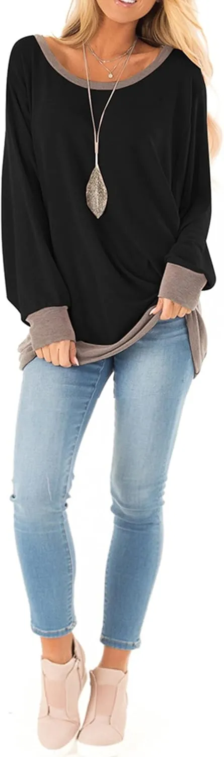 Fallorchid Womens Long Sleeve Tops Crew Neck Tunics Clothes Casual Color Block Sweatshirt