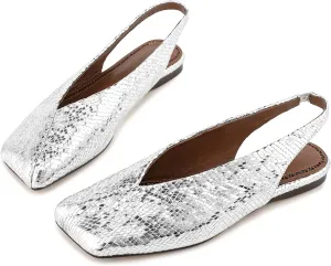 Fandimeier Women's Squared Toe Slingback Flats Ballet Leather Upper Mary Jane Flat Casual Dressy Fashion Shoes