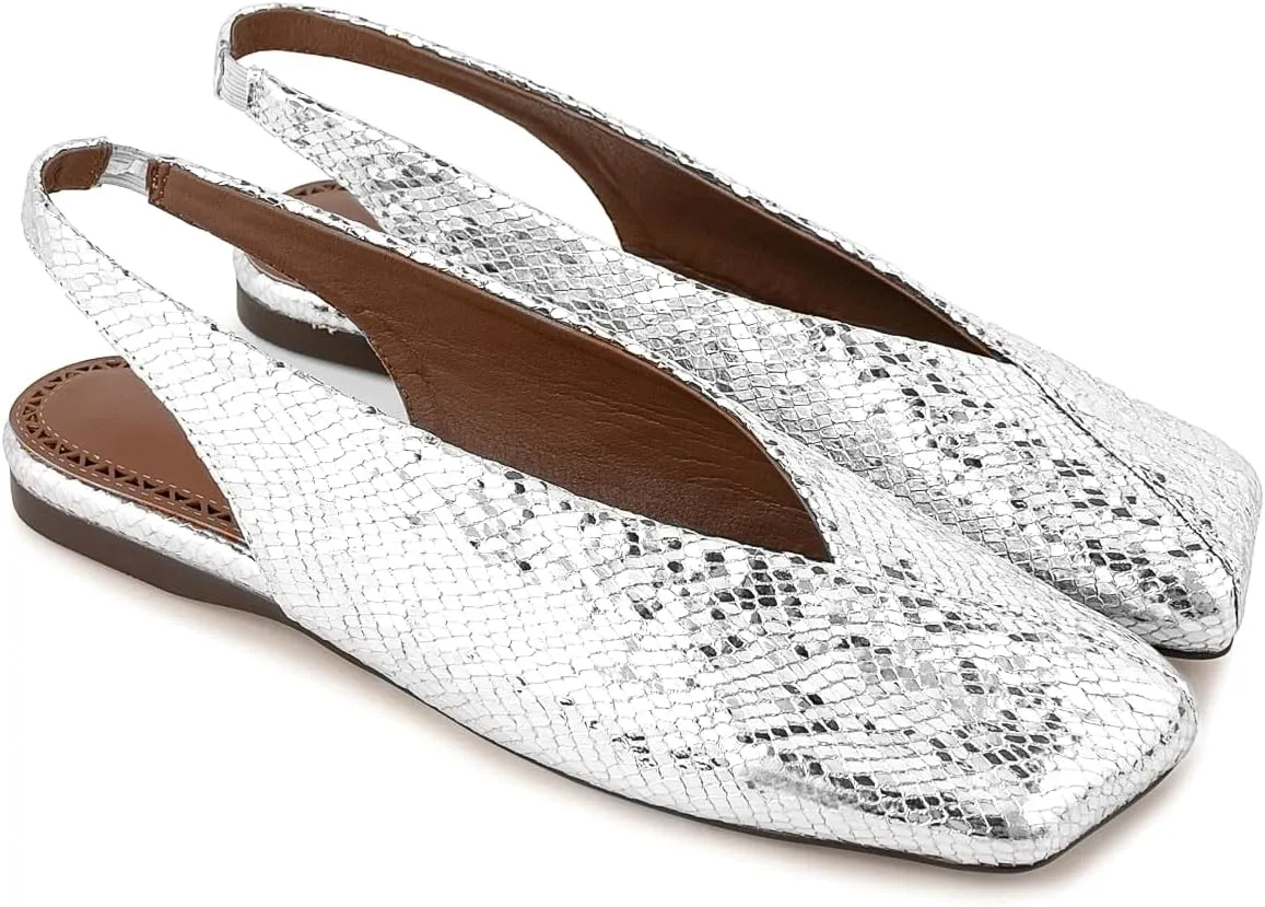 Fandimeier Women's Squared Toe Slingback Flats Ballet Leather Upper Mary Jane Flat Casual Dressy Fashion Shoes