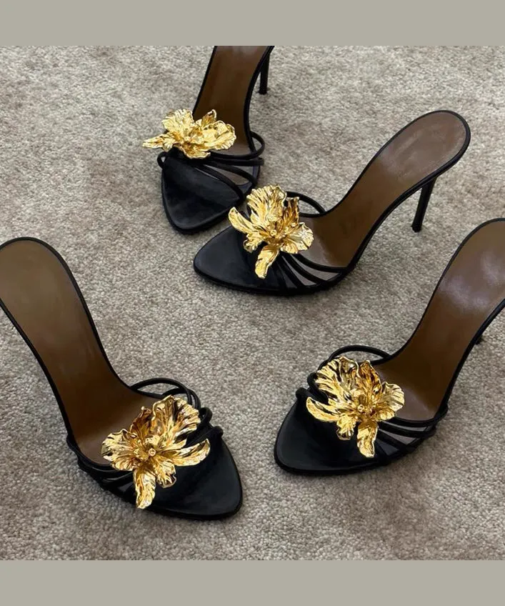 Fashion Leather Floral Stiletto Sandals Black Faux Splicing Slide