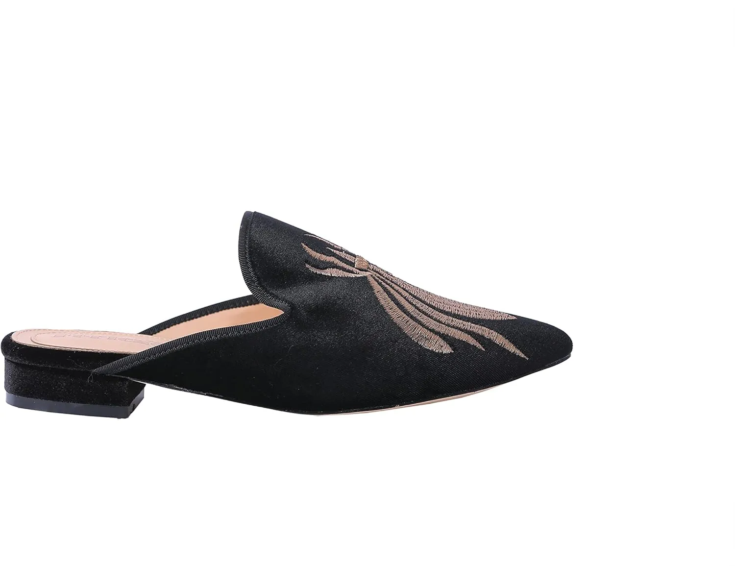 Fericzot Women's Velvet Backless Pointed Toe Slip On Loafers Flats Embroidery Mule Slippers Shoes