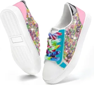 festooning Girls Sneakers Sparkle Glitter Low Top Sneakers for Little/Big Kids PU Leather Fashion Casual Sneaker Shoes with Colorful Shoelace