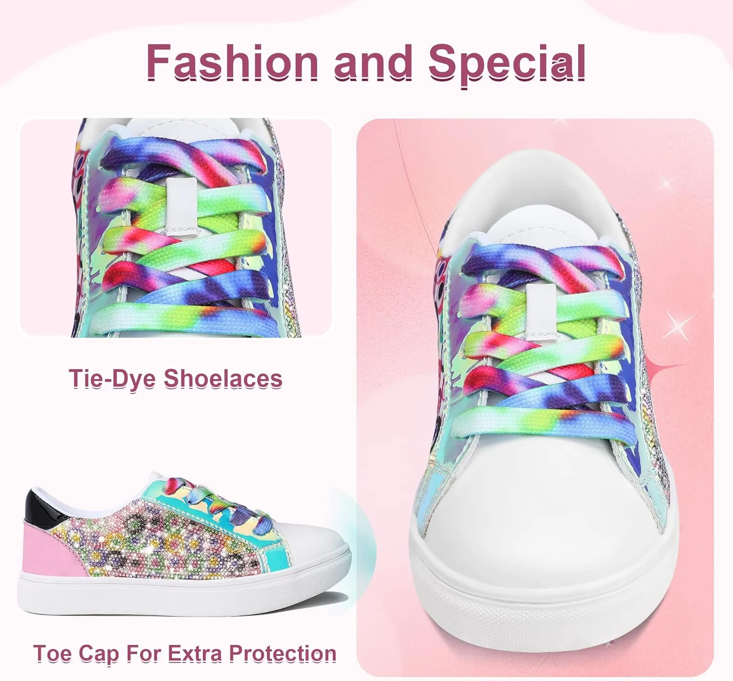 festooning Girls Sneakers Sparkle Glitter Low Top Sneakers for Little/Big Kids PU Leather Fashion Casual Sneaker Shoes with Colorful Shoelace