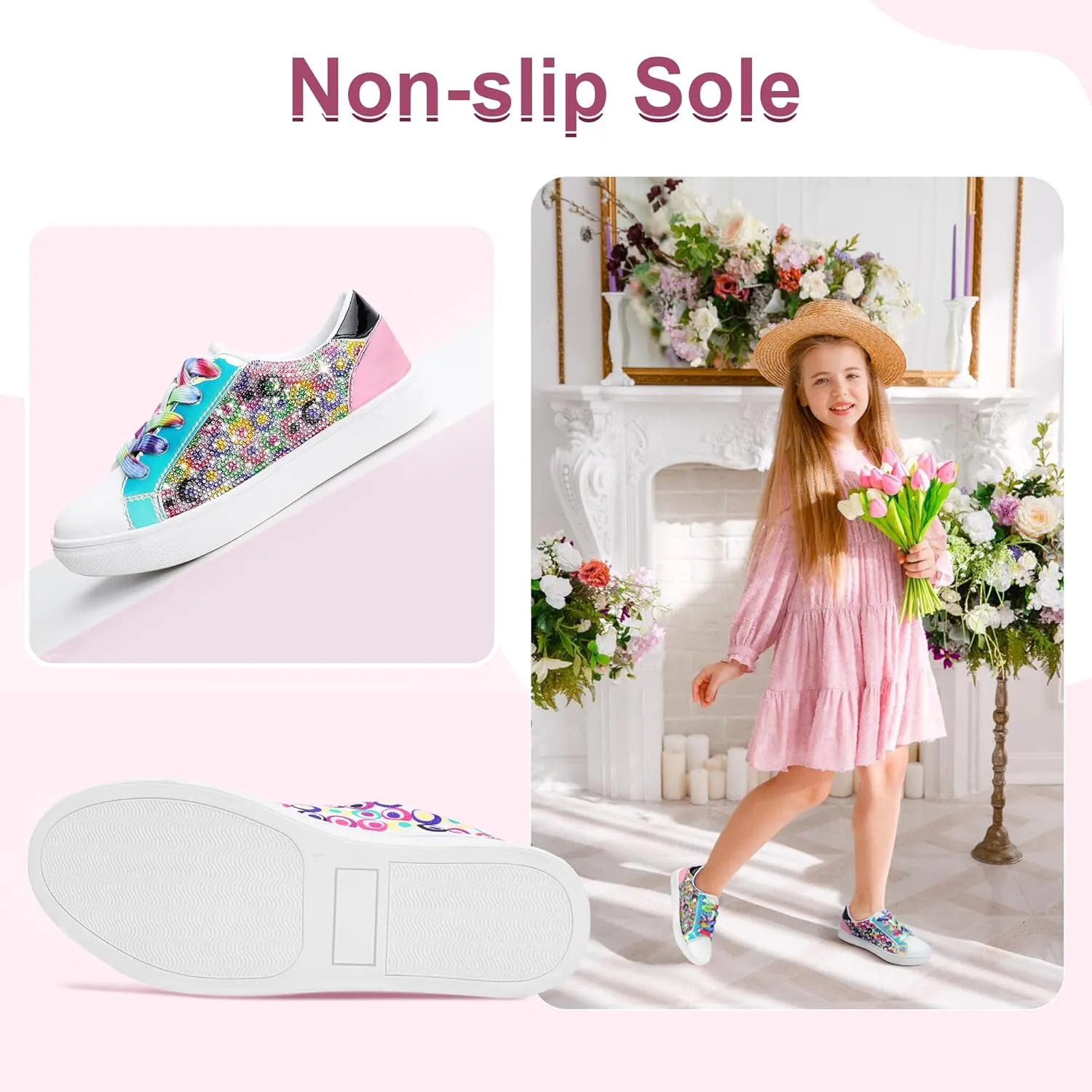 festooning Girls Sneakers Sparkle Glitter Low Top Sneakers for Little/Big Kids PU Leather Fashion Casual Sneaker Shoes with Colorful Shoelace