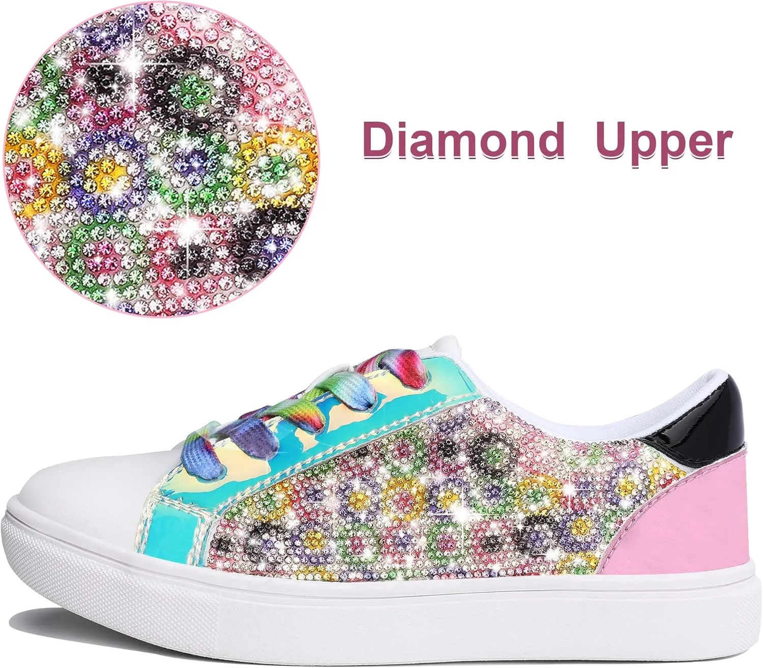 festooning Girls Sneakers Sparkle Glitter Low Top Sneakers for Little/Big Kids PU Leather Fashion Casual Sneaker Shoes with Colorful Shoelace