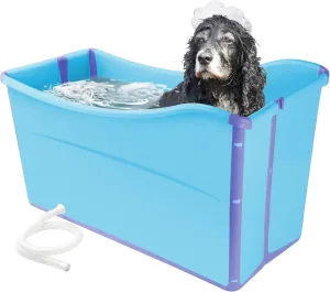 FHTONGE 49Gal/186L Collapsible Extra Large Dog Bathtub with Drainage, Thicken Portable Shower Bucket for Big Dog Indoor/Outdoor Bathing Camping, Freestanding Surround Pet Large Soaking Barrel Bule