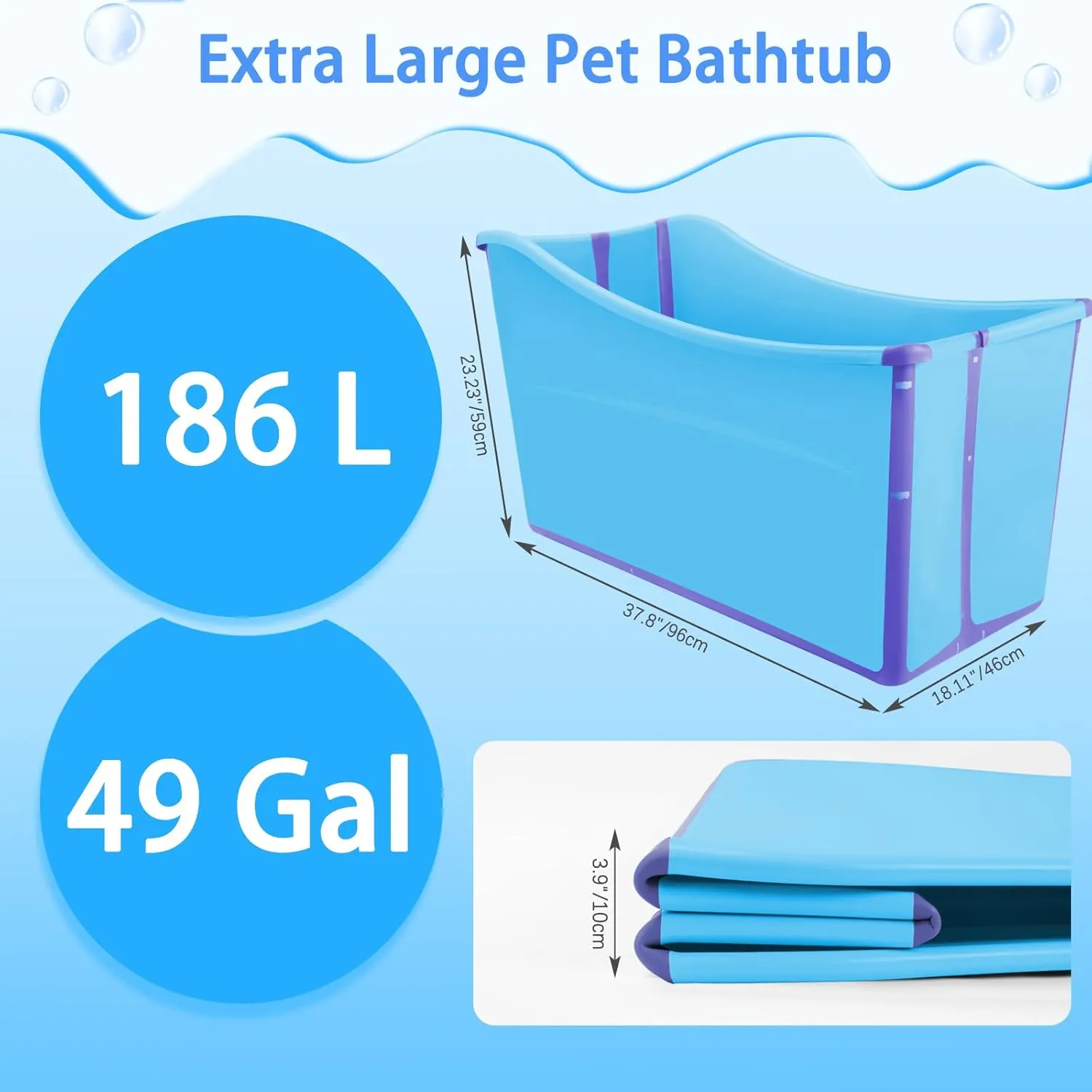 FHTONGE 49Gal/186L Collapsible Extra Large Dog Bathtub with Drainage, Thicken Portable Shower Bucket for Big Dog Indoor/Outdoor Bathing Camping, Freestanding Surround Pet Large Soaking Barrel Bule