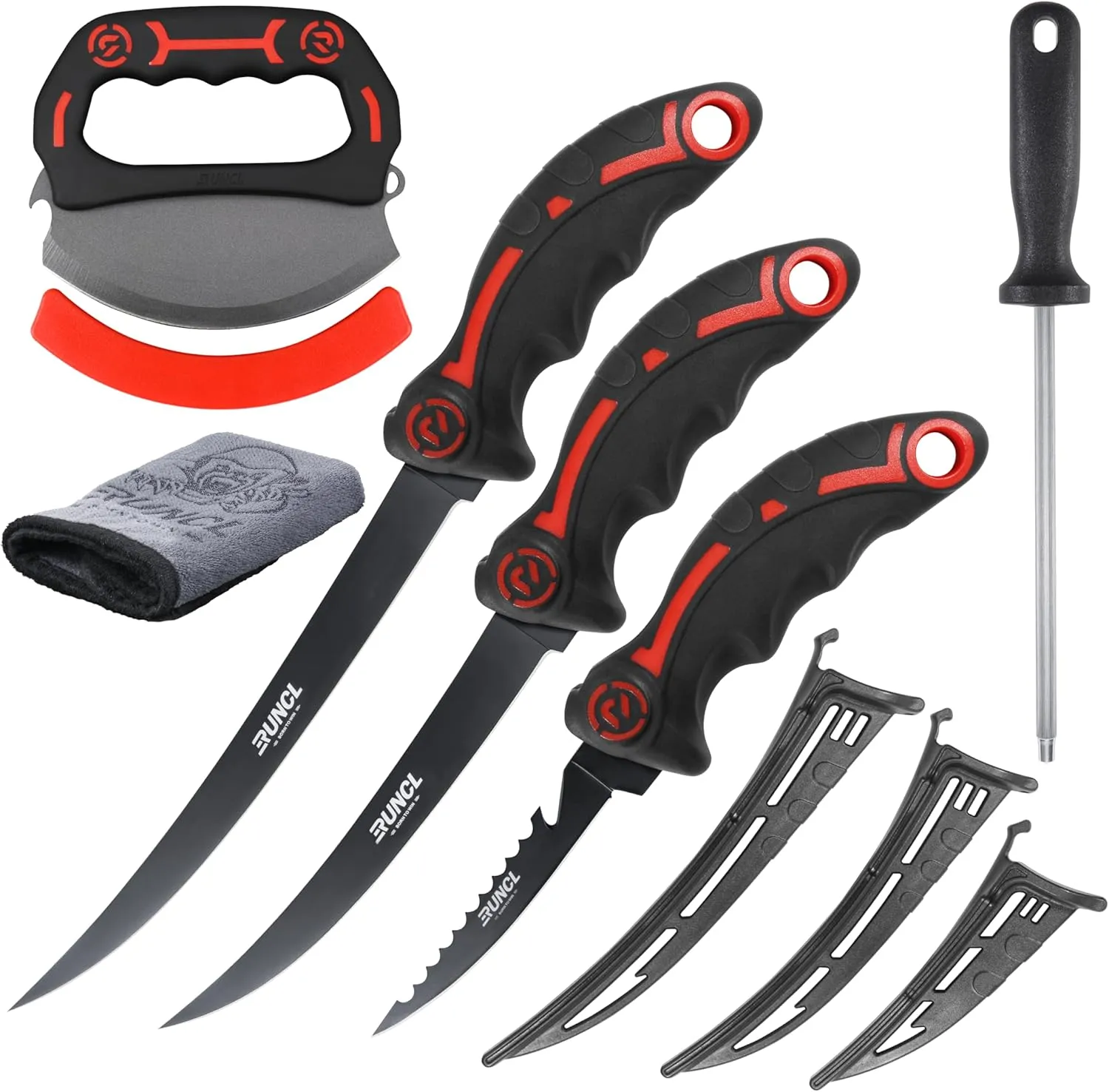 Fillet Knife for Fish, 5", 7", 9" Fishing Knives for Filet & Bait, Ulu Knife, Honing Rod, Non-Slip Ergonomic Handles, Protective Sheath, Ideal for Freshwater & Saltwater, Durable Carrying Bag, Fishing Gift For Men