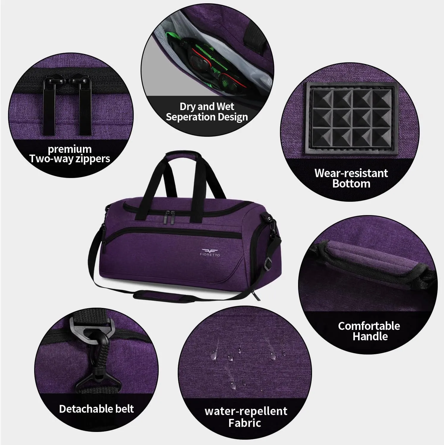 FIORETTO 35L Mens Sports Gym Duffle Bag with Wet Pocket & Shoe Compartment, Overnight Weekender Bag with Padded Shoulder Strap, Ideal for Travel, Gym, Sports, Swimming, Purple