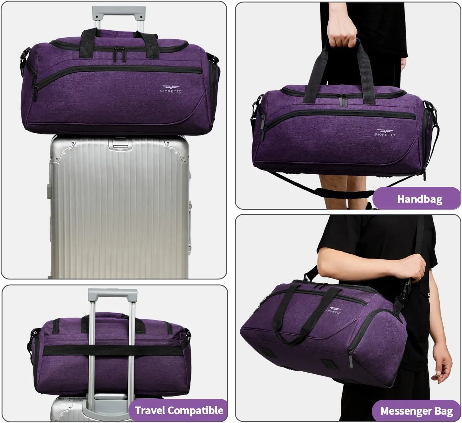 FIORETTO 35L Mens Sports Gym Duffle Bag with Wet Pocket & Shoe Compartment, Overnight Weekender Bag with Padded Shoulder Strap, Ideal for Travel, Gym, Sports, Swimming, Purple