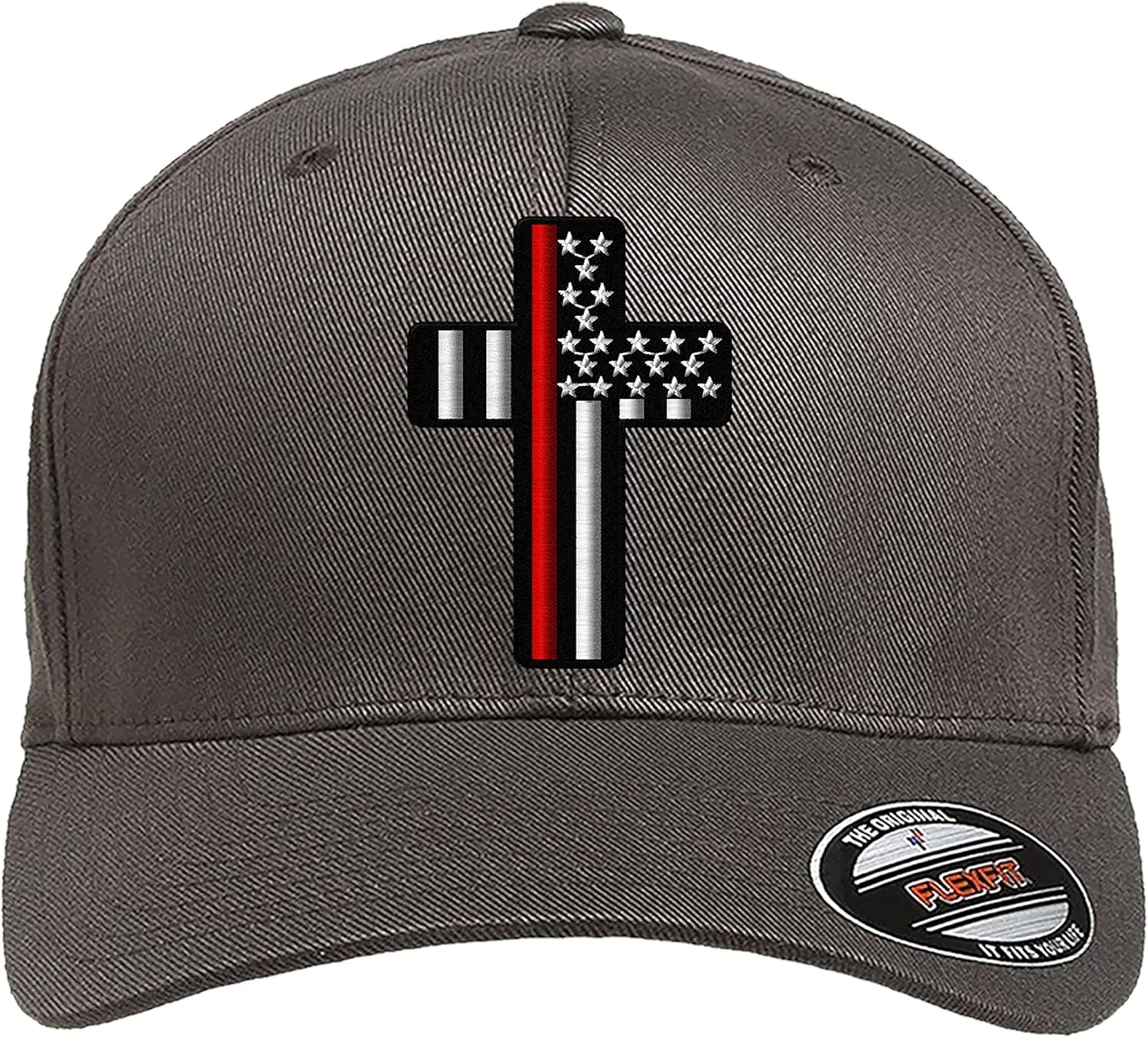 Firefighter Thin Red line Hereos Cross/Thin Blue line Heroes Cross American Flag Custom Embroidered Flex Fitted Baseball Hat