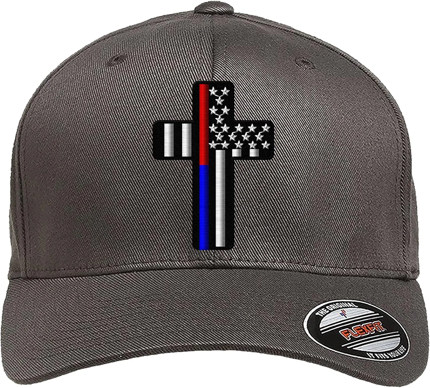 Firefighter Thin Red line Hereos Cross/Thin Blue line Heroes Cross American Flag Custom Embroidered Flex Fitted Baseball Hat