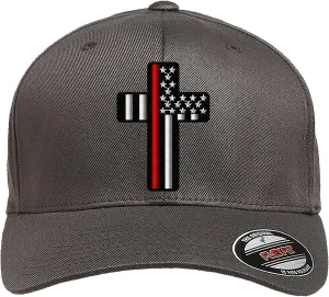 Firefighter Thin Red line Hereos Cross/Thin Blue line Heroes Cross American Flag Custom Embroidered Flex Fitted Baseball Hat