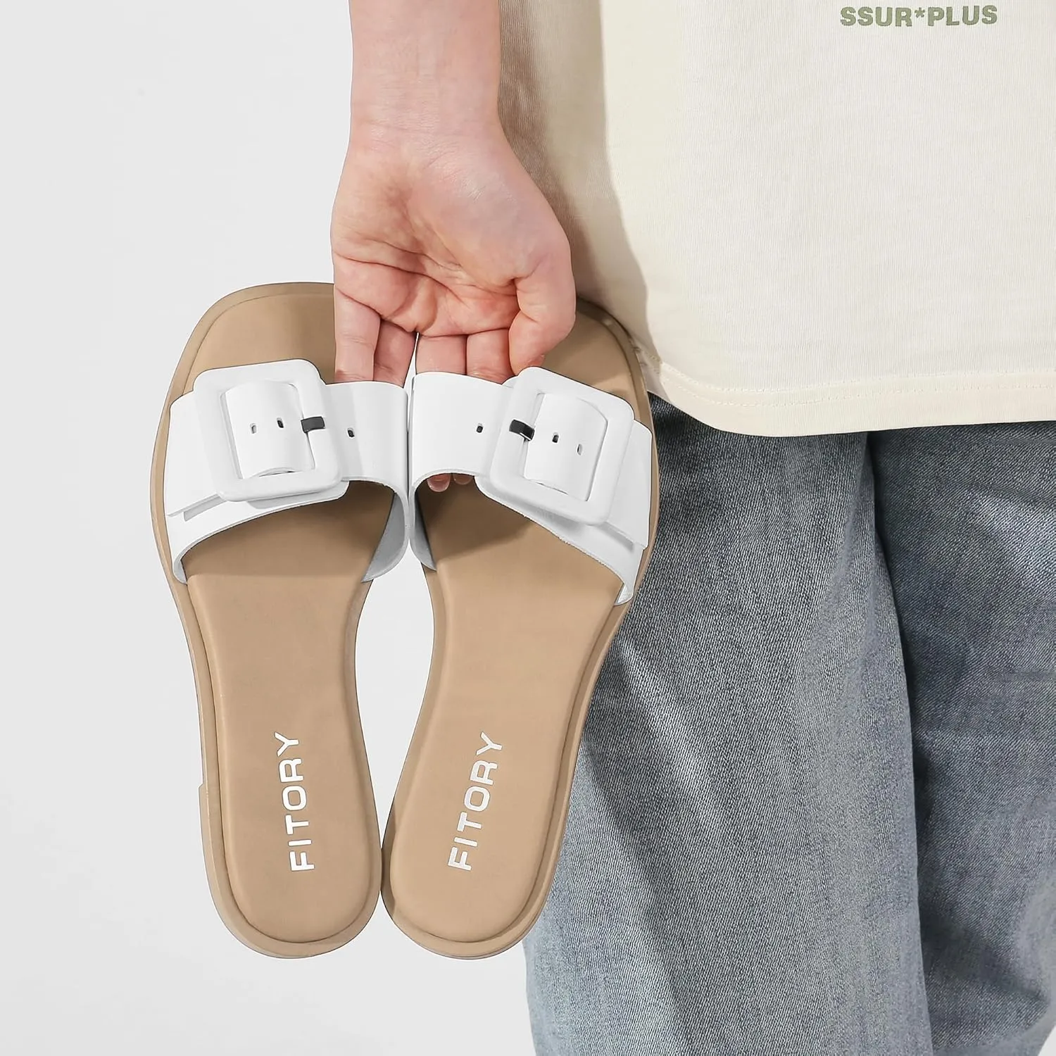 FITORY Women's Slide Sandals Fashion Square Open Toe with Cushioned Footbed Slippers for Beach Size