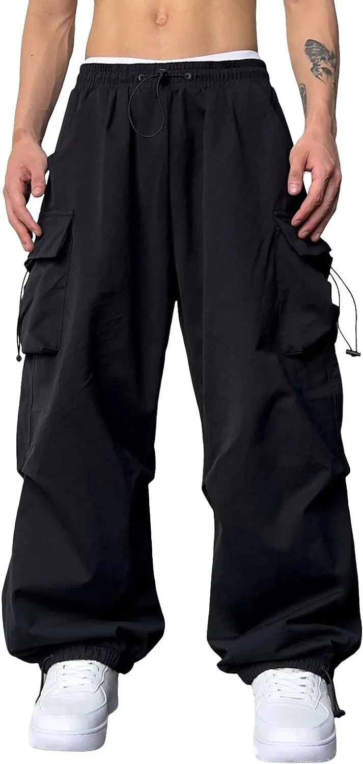 Flat Pocket Parachute Pants for Men Casual Baggy Cargo Pants Unisex Street Pants Drawstring Trousers
