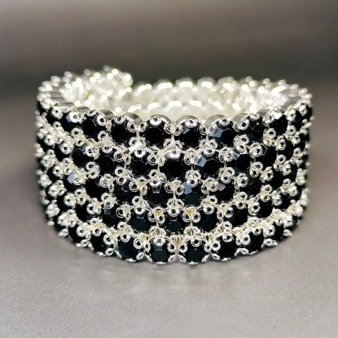 Flexible 5 Row Rhinestone Bracelet-Silver Setting