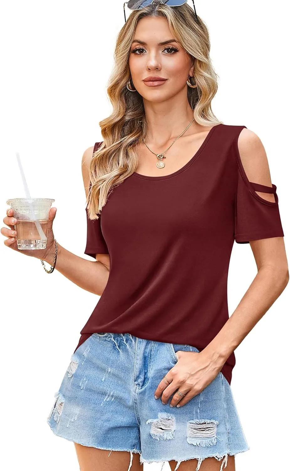 Florboom Womens Cold Shoulder Top Summer Basic T Shirts 3/4 Sleeve Casual Blouse Tshirts