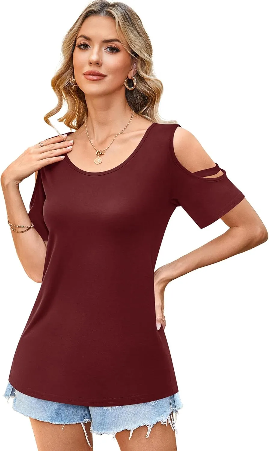 Florboom Womens Cold Shoulder Top Summer Basic T Shirts 3/4 Sleeve Casual Blouse Tshirts