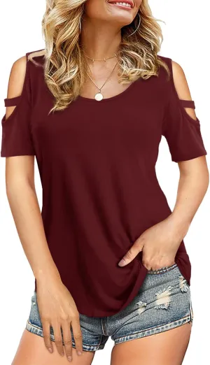 Florboom Womens Cold Shoulder Top Summer Basic T Shirts 3/4 Sleeve Casual Blouse Tshirts