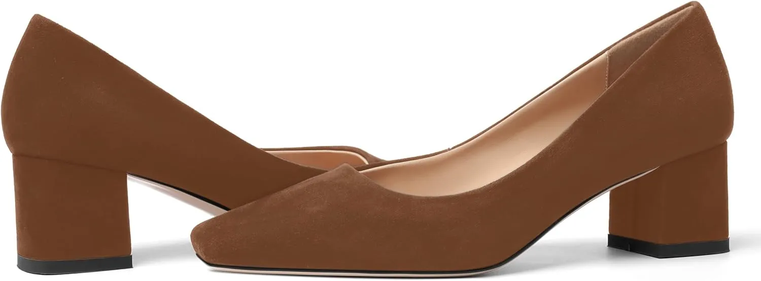 FOGEENA Womens Dress Comfortable Suede Leather Square Toe Slip On Wedding Chunky Low Heel Pumps Dress Shoes 2.2 Inch