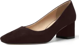 FOGEENA Womens Dress Comfortable Suede Leather Square Toe Slip On Wedding Chunky Low Heel Pumps Dress Shoes 2.2 Inch