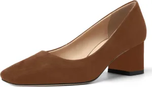 FOGEENA Womens Dress Comfortable Suede Leather Square Toe Slip On Wedding Chunky Low Heel Pumps Dress Shoes 2.2 Inch
