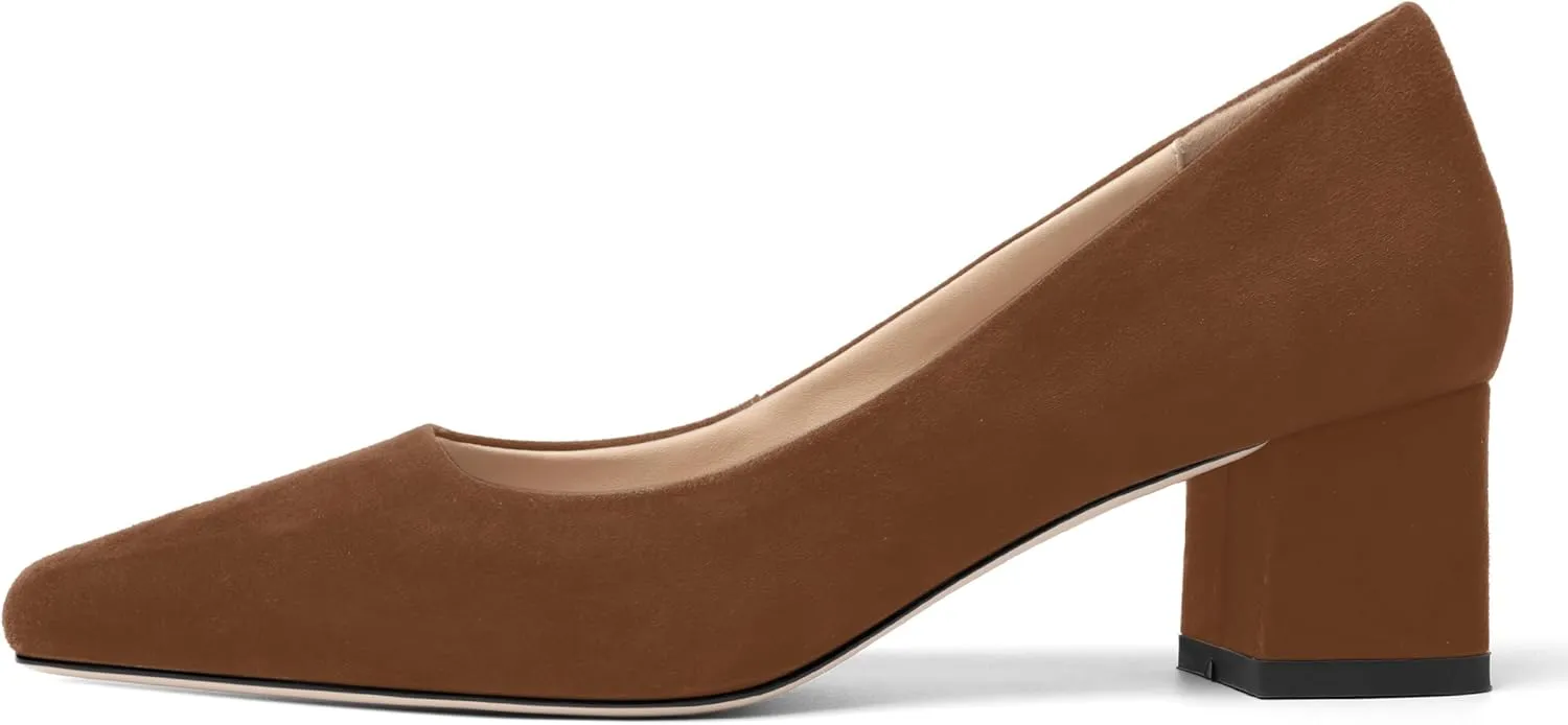 FOGEENA Womens Dress Comfortable Suede Leather Square Toe Slip On Wedding Chunky Low Heel Pumps Dress Shoes 2.2 Inch