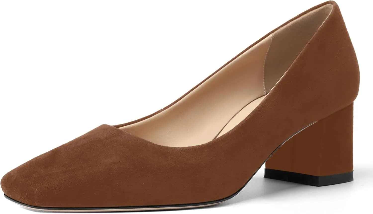 FOGEENA Womens Dress Comfortable Suede Leather Square Toe Slip On Wedding Chunky Low Heel Pumps Dress Shoes 2.2 Inch