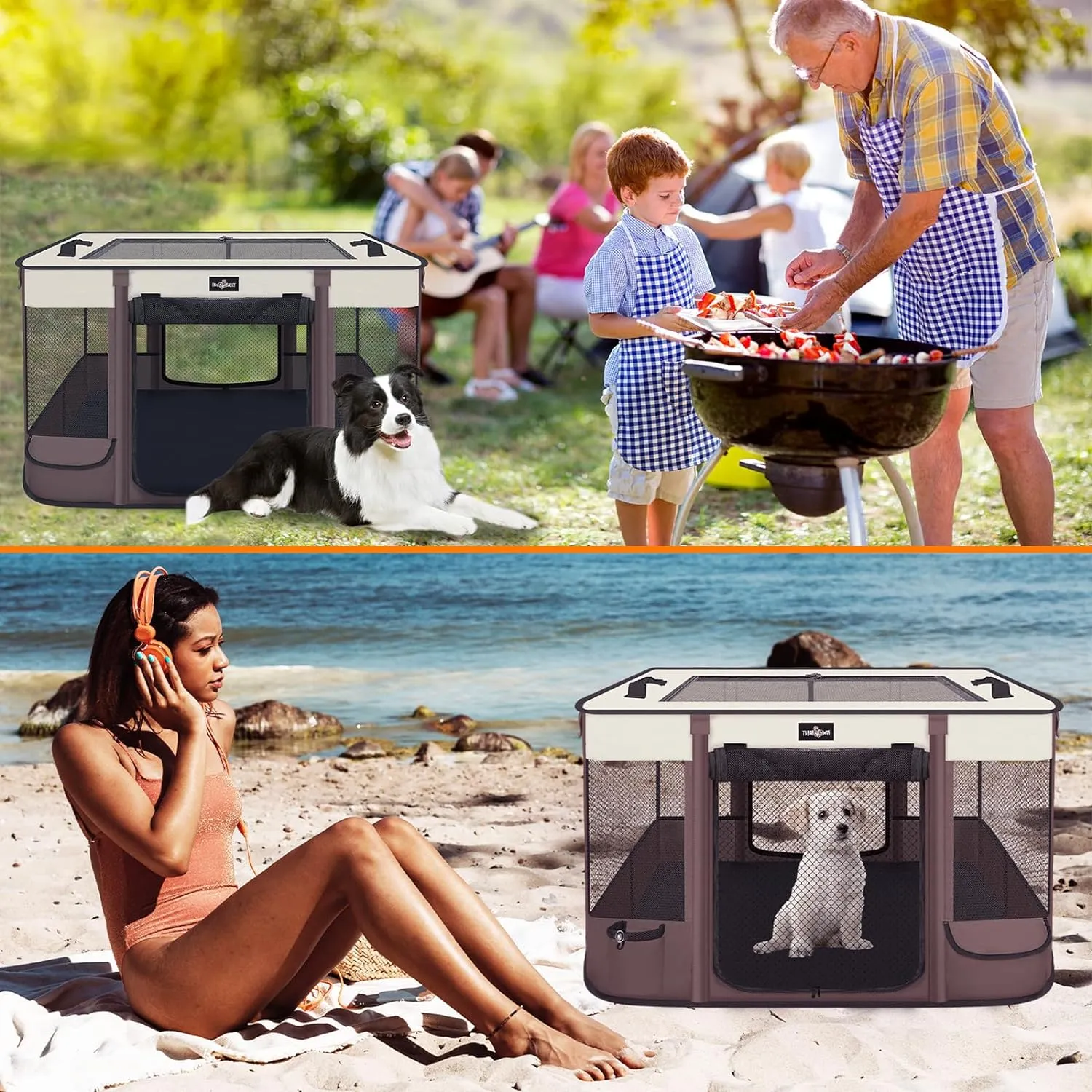 Foldable Pet Kitten Playpen, Upgrade Waterproof Portable Cat Dog Playpen Kennel Tent for Small Dog Cat, Removable Shade Cover, Come with Free Carrying Case, Indoor Outdoor Use for Small Pet, Brown