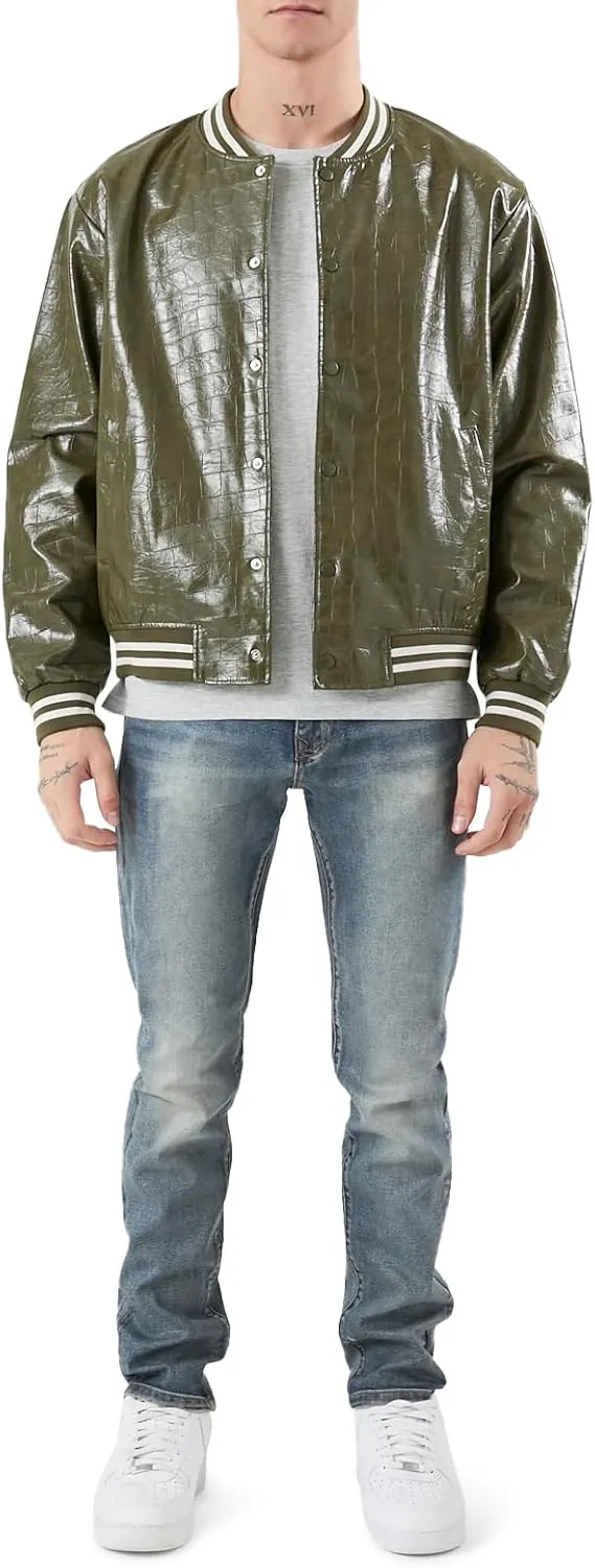 Forever 21 Men's Faux Croc Varsity Bomber Jacket