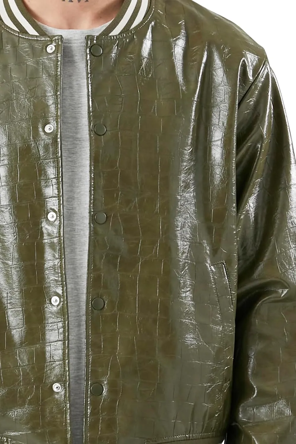 Forever 21 Men's Faux Croc Varsity Bomber Jacket